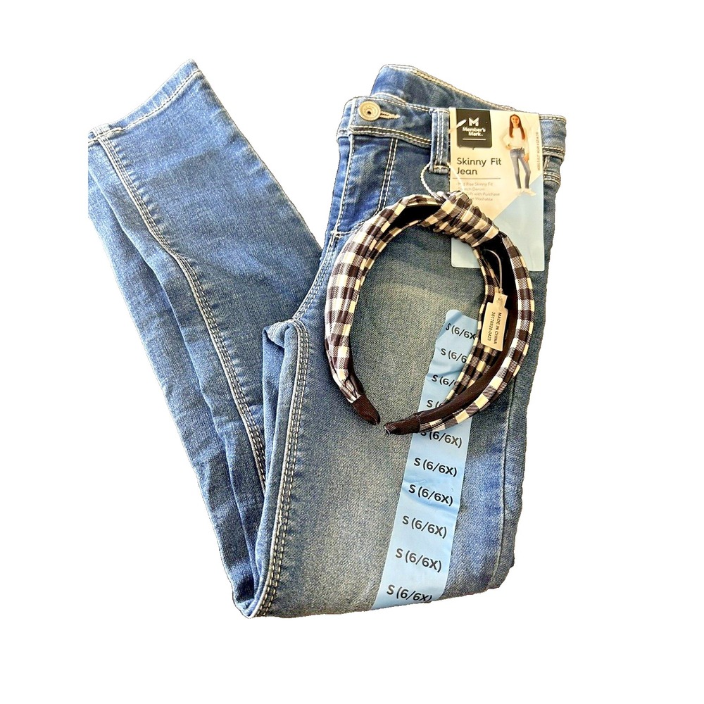 Girls Skinny Fit Jean Sz S 6/6X Denim & Black White Checked Headband 22W X 19L